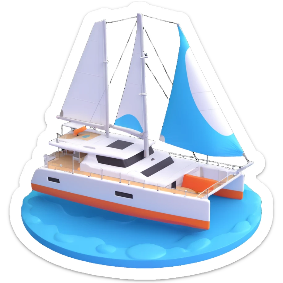 a lagoon 42 catamaran with no wording on the boat and an i message chat bubble icon coming out the top of the boat  sticker