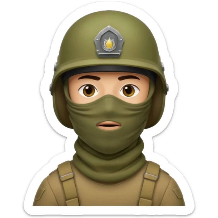 
an Iraqi soldier with a serious face, wearing a helmet and a balaclava covering his mouth sticker