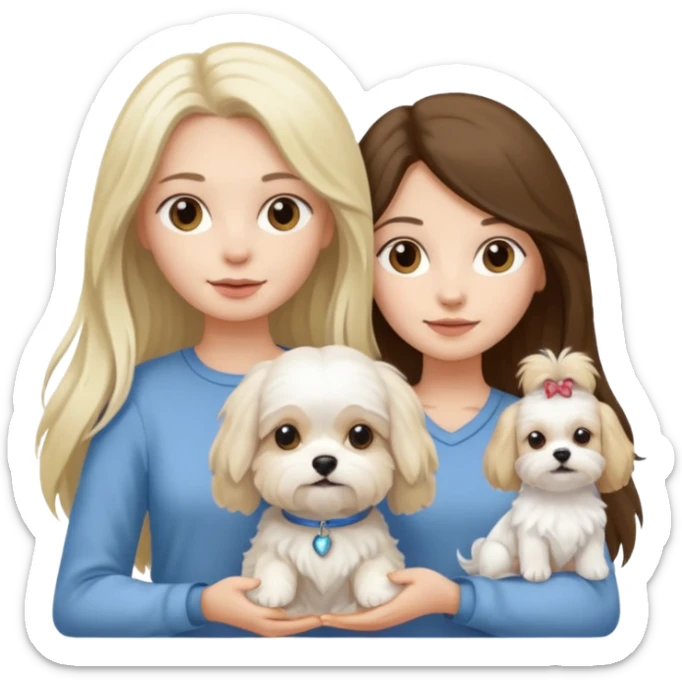 two women holding Maltese dog one is brunette the other is blonde long haired  sticker