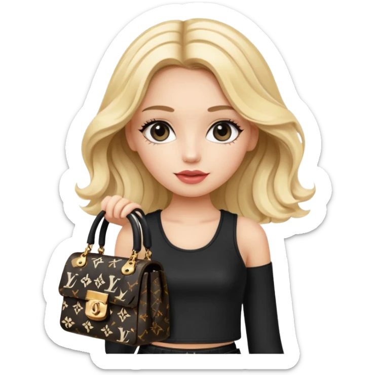 long wavy blonde girl inspired by Chloe from Bratz, wearing a Chanel logo two-piece black and white outfit, carrying a Louis Vuitton bag, emoji style sticker