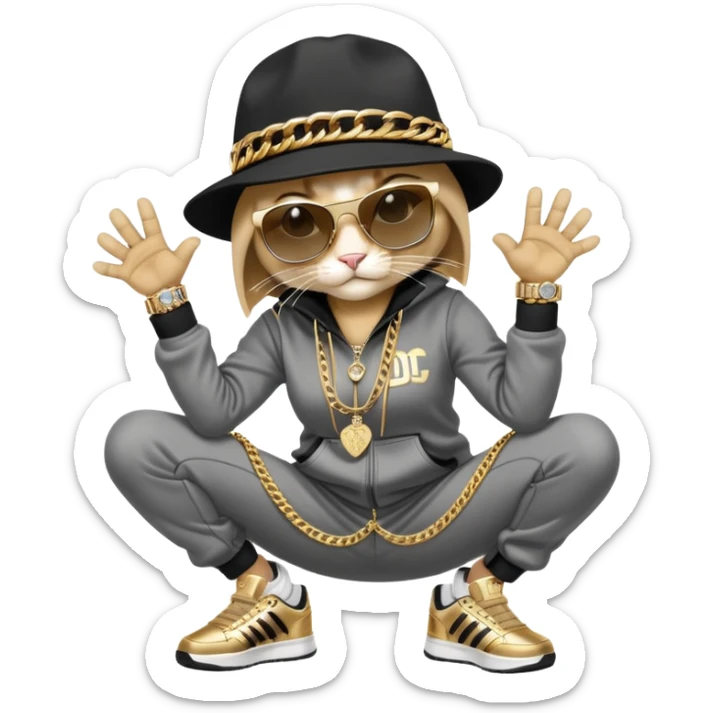 female cat wearing Run DMC hip-hop outfit with tracksuit, fedora, Adidas sneakers, dark sunglasses, many gold chains and bling accessories, break dancing sticker