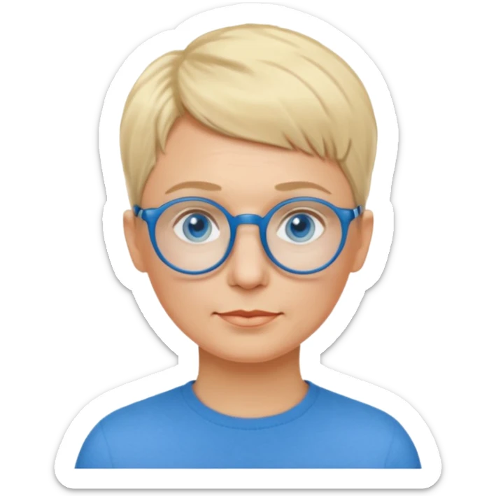woman 50 years old, very short blonde hair like a man, blue eyes and blue round glasses sticker