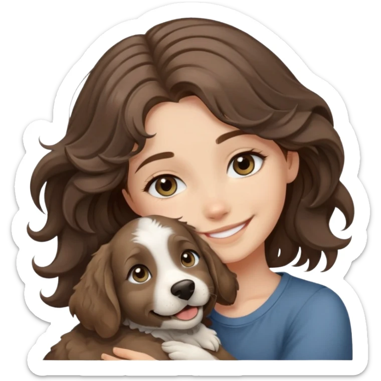 girl with Grey eyes, wavy brown hair, smile hugging a dog that looks like labradorite  sticker