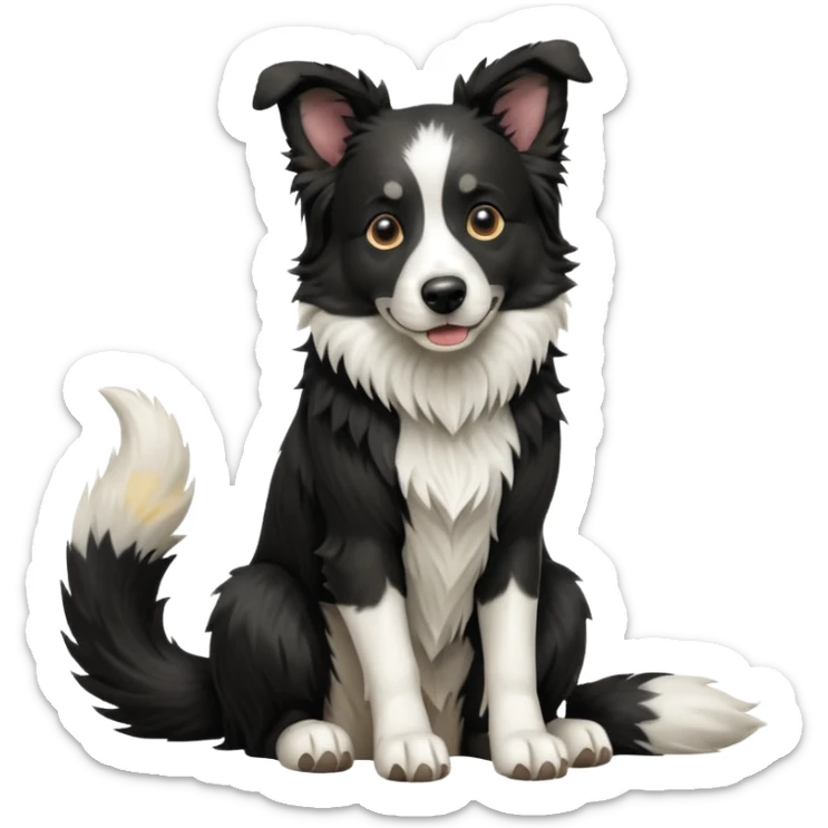 cinematic-[border collie dog]-realistic-full-body-sitting-emoji,-tail-resting-loosely-beside-its-paws,-head-tilted-dramatically,-scruffy-[black and white]-fur,-simplified-yet-realistic-focused-features,-highly-detailed,-glowing-with-an-almost-sarcastic-glow sticker
