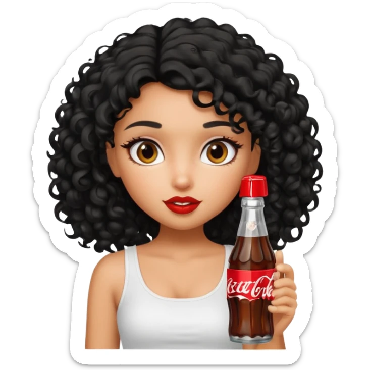 a pretty tan bratz girl with black curly hair drinking coca cola. no makeup. white top sticker