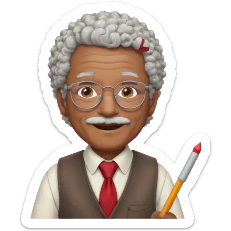 old man teacher, brown skin, curly grey white hai, wearing glasses, brown vest, red tie hold chalk on hand sticker