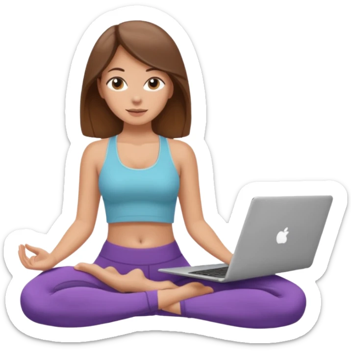 A white girl with brown hair who works remotely through her laptop and enjoys yoga sticker