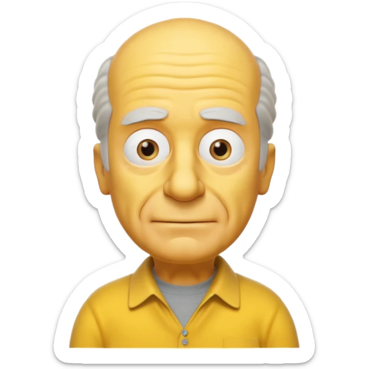 A 3D cartoon close-up portrait of an elderly yellow character styled like Grandpa Simpson, bald head with few tufts of hair, expressive wrinkles, yellow skin and shirt, Memoji-style lighting, matching Simpsons family design. sticker
