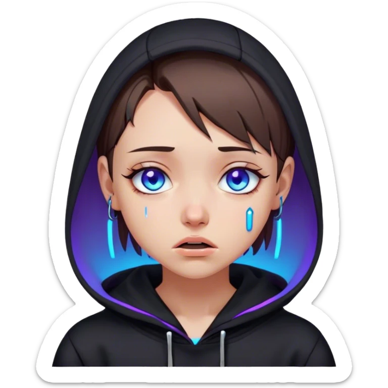 a girl with a brown bob and blue eyes in a black hoodie is crying Cyberpunk style. Violet neon. sticker