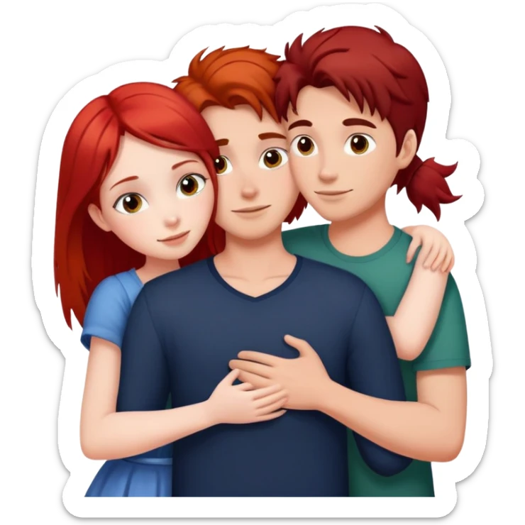 A red-haired girl hugs a guy with dark hair, and next to them are two children, two girls sticker