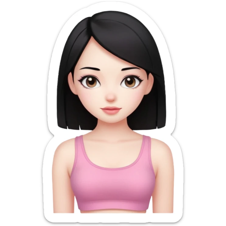 Cute girl with black hair straight with pale skin and with pink crop top coquette sticker
