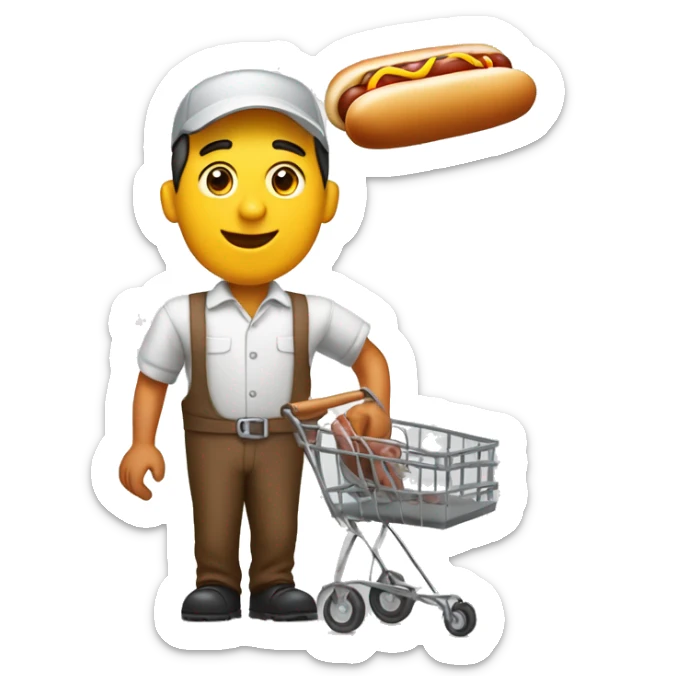 hot dog vendor holding a hot dog in his hand with a cart in the background with a white background sticker