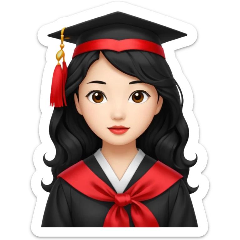 Graduate asian black hair with wavy hair long  with red stash  sticker