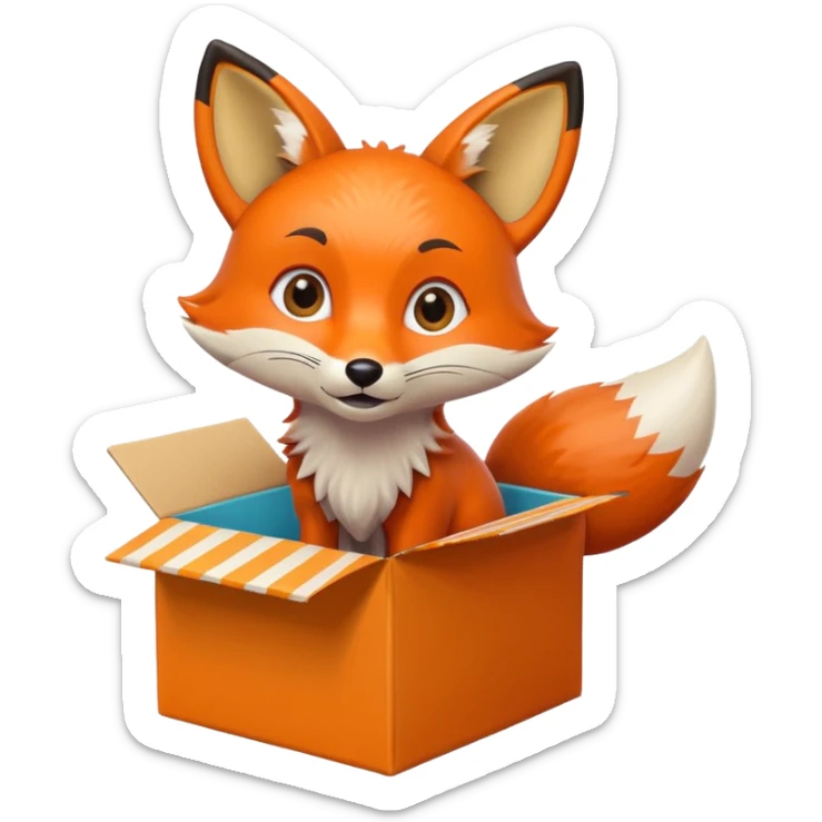playful fox with big eyes in a colorful box, gazing upward, emoji style sticker