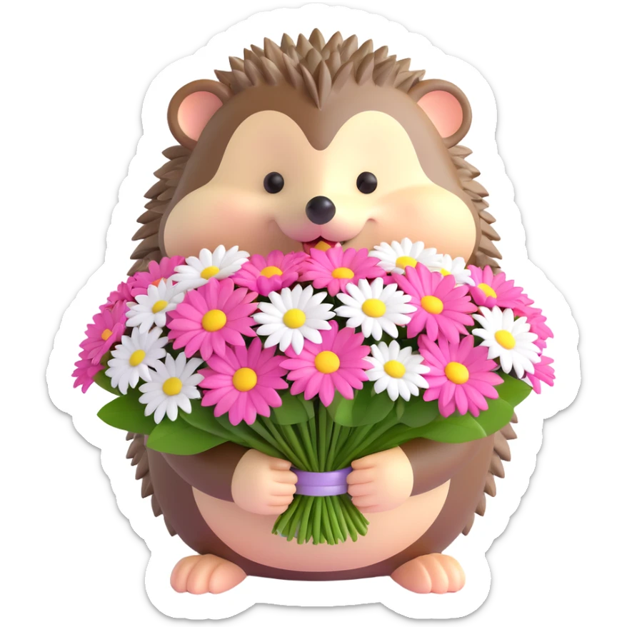 Draw a cute hedgehog holding a large bouquet of pink and white daisies in a 3D iOS 18 emoji style, with a soft, rounded, and glossy look. Keep the background simple and light. sticker