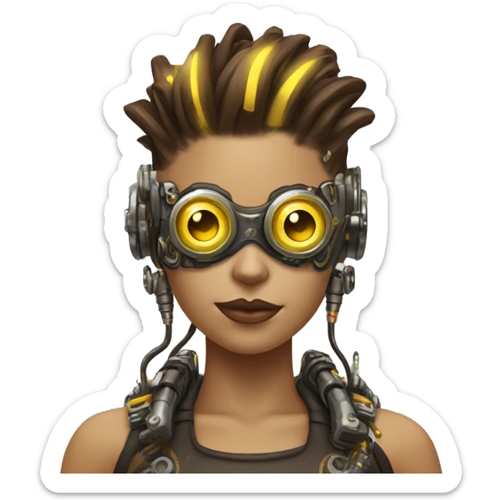 Brown with yellow streaks Mohawk hair female cyborg head, tan skin, steampunk goggles and circuits sticker