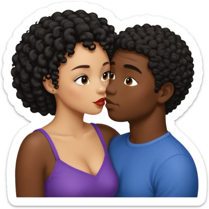 A dark skin woman with a light skin man who has black short curly hair kissing  sticker