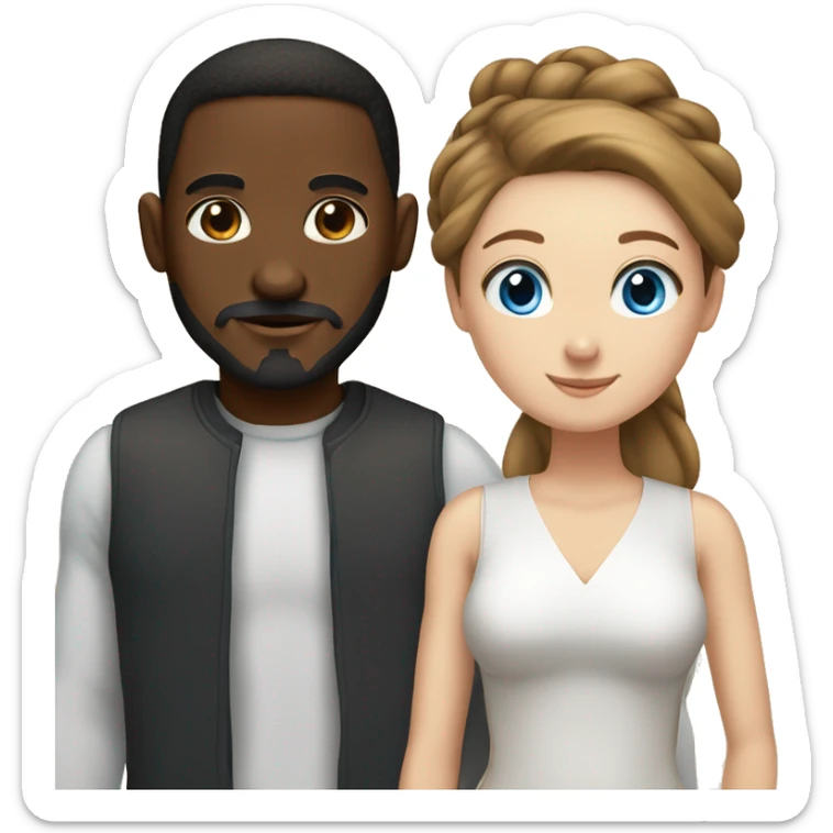 Black man couple with bun, moustache and beard and white girl with blue eyes and long, straight brown hair sticker