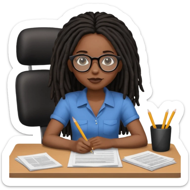 Black female with dark dreadlock hair and large round glasses with a desk full of papers sticker
