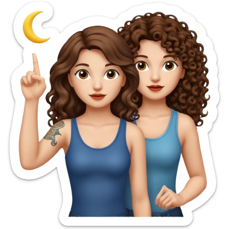 moon symbol discovery — long wavy brown hair tattooed woman and short tight curly brown hair woman — pointing up sticker