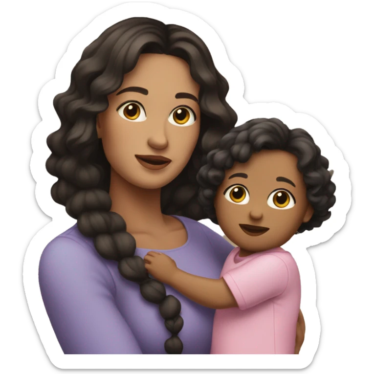 woman with straight Brunette hair and fair skin holding a girl toddler with curly black hair sticker