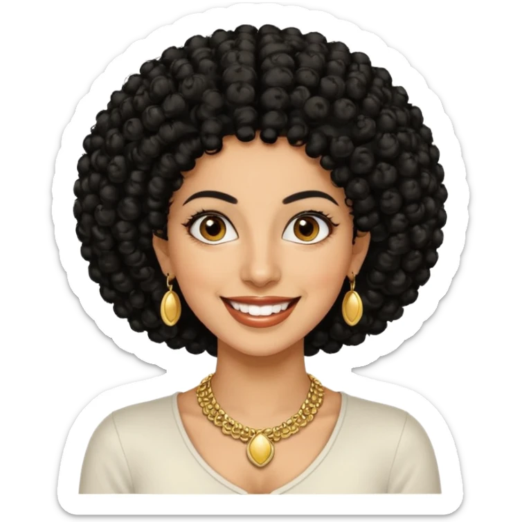 30 year old iranian woman very short curly black hair, big brown eyes, tanned skin, big smile, white teeth, pretty, afro sticker