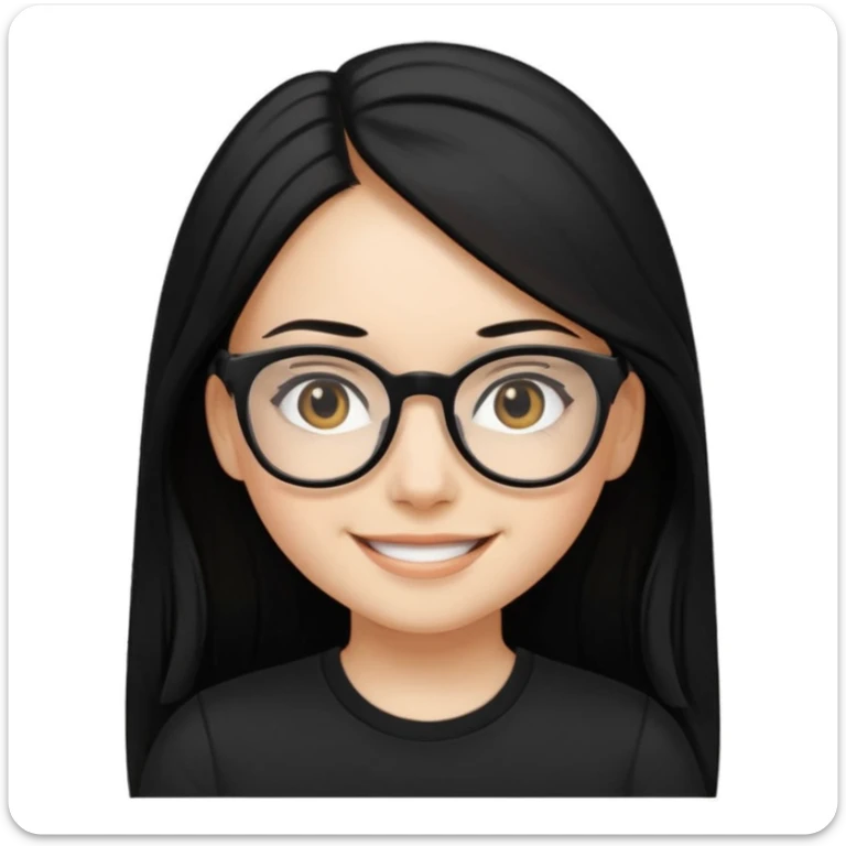 Uzun Siyah, uçları çok hafif sarı düz saçlı , gözlüklü, eyelinerli siyah tişörtlü gülümseyen bir kız emojisi yap sticker