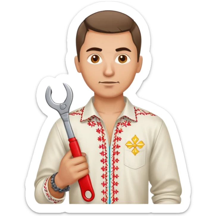 Ukrainian man with traditional embroidered shirt (vyshyvanka) holding a metal spanner wrench and red scissors sticker