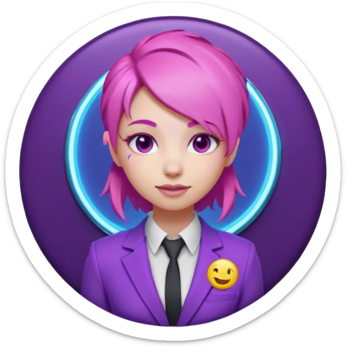 Cute 3D emoji-style girl sexy character with pink hair and purple eyes, inside a circular badge. No hands, no pose. Clean purple suit with a glowing neon-blue ‘C’ logo on the chest, small lightning accent. Smooth Apple-style lighting, friendly expression sticker