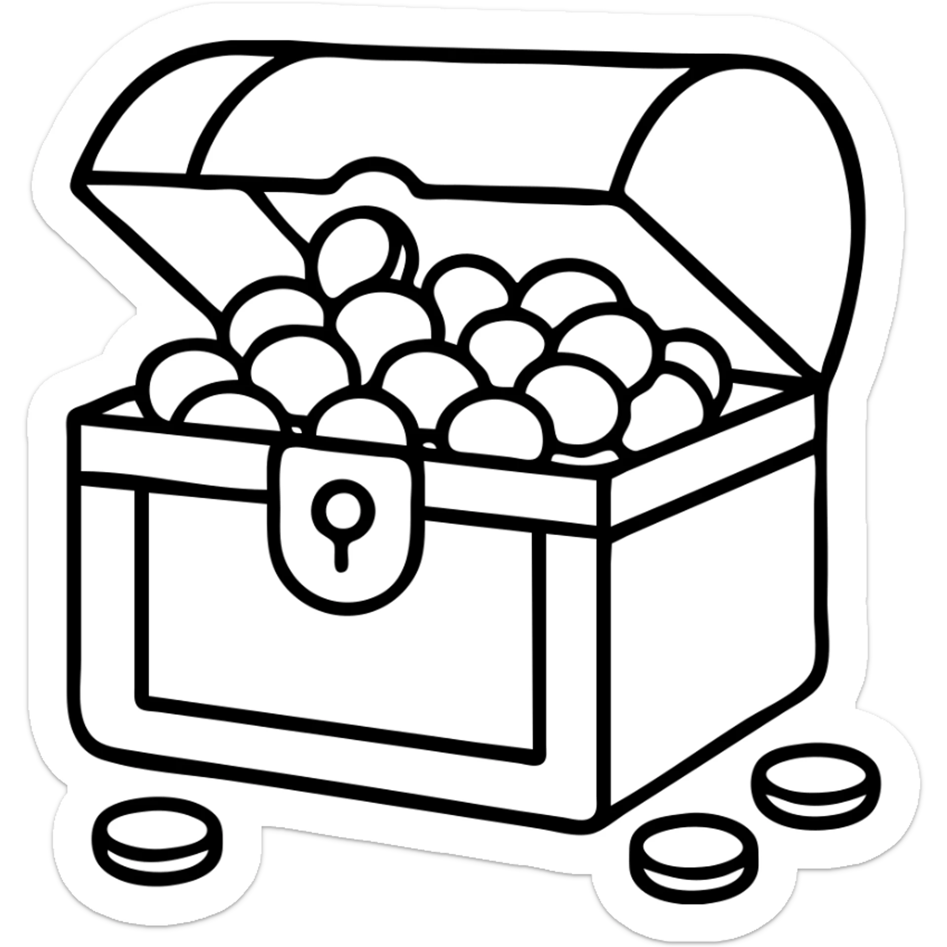 Make the purple and teal rewards chest open with coins spilling out, no background, outlined style. sticker