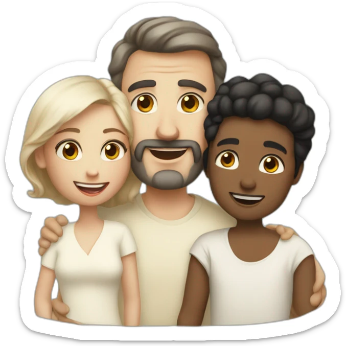 Daddy with white skin wearing cream tshirt and his wife wear cream blaus and black shawl also his son wear cream tshirt sticker