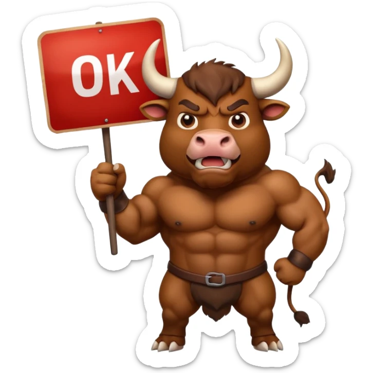 Angry powerful bull emoji holding a sign with the words OK in front of it sticker