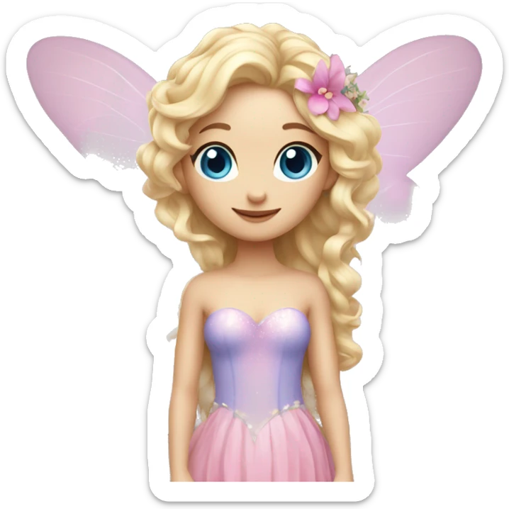 Fairy, a blonde hair with blue eyes and a pink dress with sparkly wings. Flowers. White wings. The fairy has long, curly hair with a lot of volume sticker