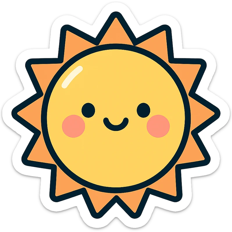 A series Sun of illustrations in a kawaii emoji style, with detailed shading and highlights, thin clean outlines, soft and rounded features. Pastel color palette using #98B5BC, #B5B3C1, #C9A3C9, #E4C0CA, #F7DCD1,#F7C0AA. The style is inspired by modern Japanese pop art and sticker aesthetics. Highly detailed, vector clarity, soft lighting and subtle shadows. Transparent background without background. sticker