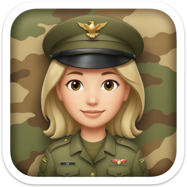Female soldier emoji in Apple style, no cap/helmet, bust portrait, gentle smile, generic camo, hair visible, soft gradients sticker