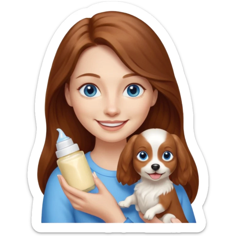 long hair chestnut color blue eyes woman holding small cream dog sticker