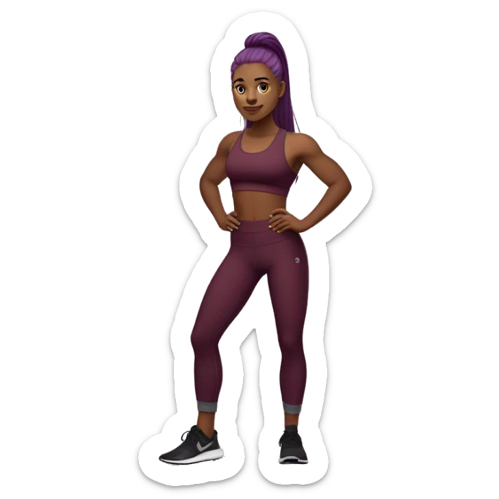 A girl with long straight purple hair and high cheekbones girl,  wearing a Bordeaux burgundy sports bra and medium gray yoga pants, Bordeaux burgundy calf socks, and black low-top canvas shoes, showing her 6 pack abs sticker