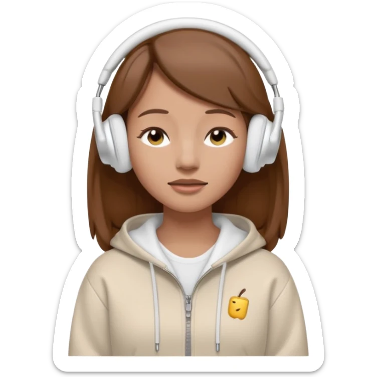A clean, minimal emoji-style illustration of a light-skinned girl with brown hair worn loose. Her eyes are closed while listening to music with silver AirPods Max. She’s wearing a white zip-up hoodie. Smooth 3D emoji style, soft lighting, neutral tones. sticker