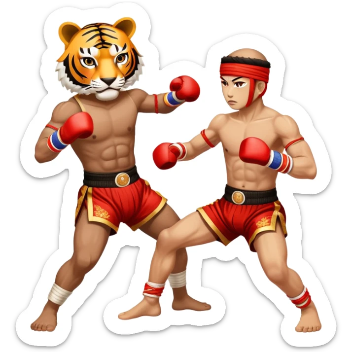 A fierce Muay Thai fighter wearing traditional mongkhon headband and elbow/knee wraps, in fighting stance with a tiger-like intensity, compact and stylized, with gold and red accents sticker
