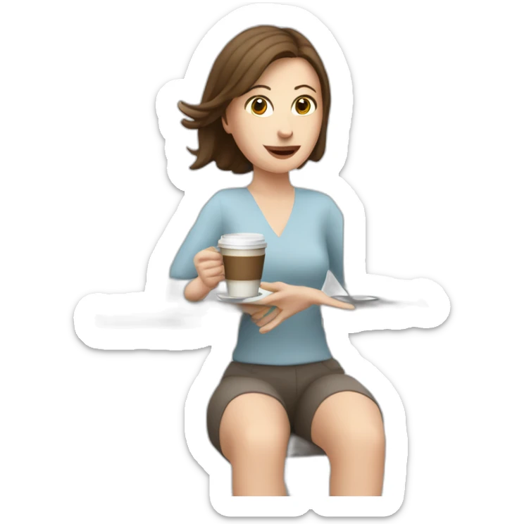 woman with pale skin and brown hair behind a computer juggling with coffee cups sticker