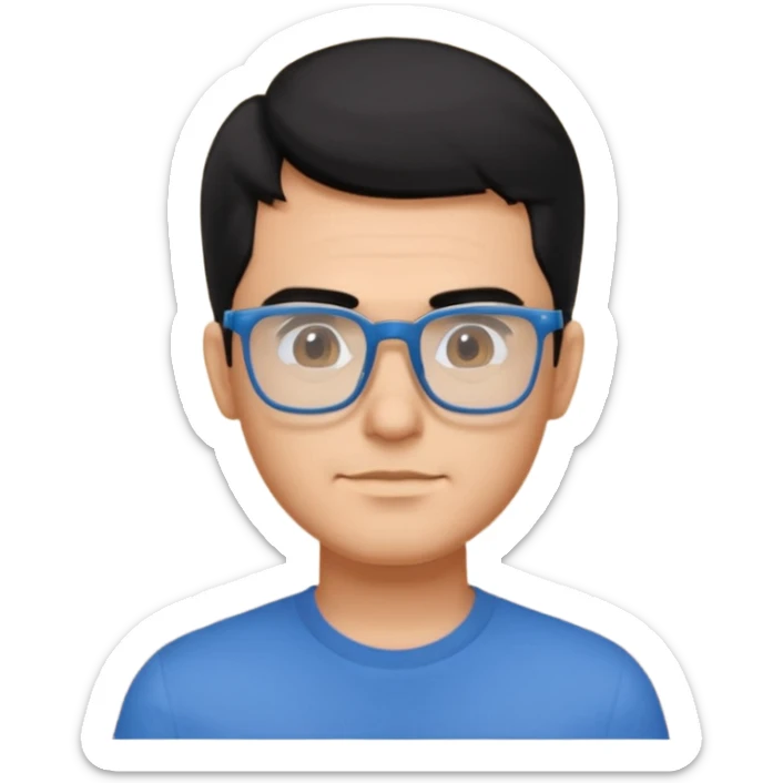 portrait of american man, wearing a blue shirt, square glasses, black hair sticker