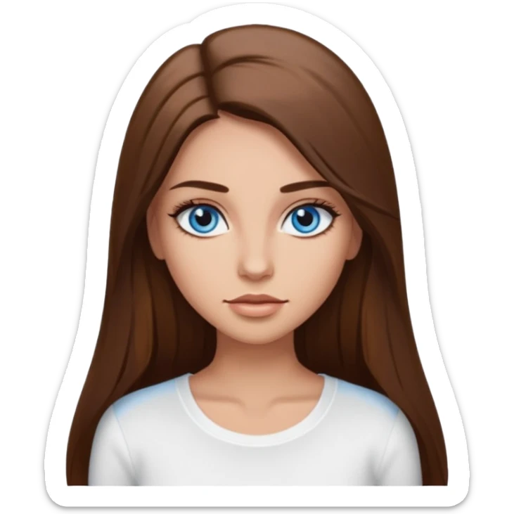 make a woman emoji with pin straight long brown hair and blue eyes with longeyelashes wearing a white top latina baddie sticker