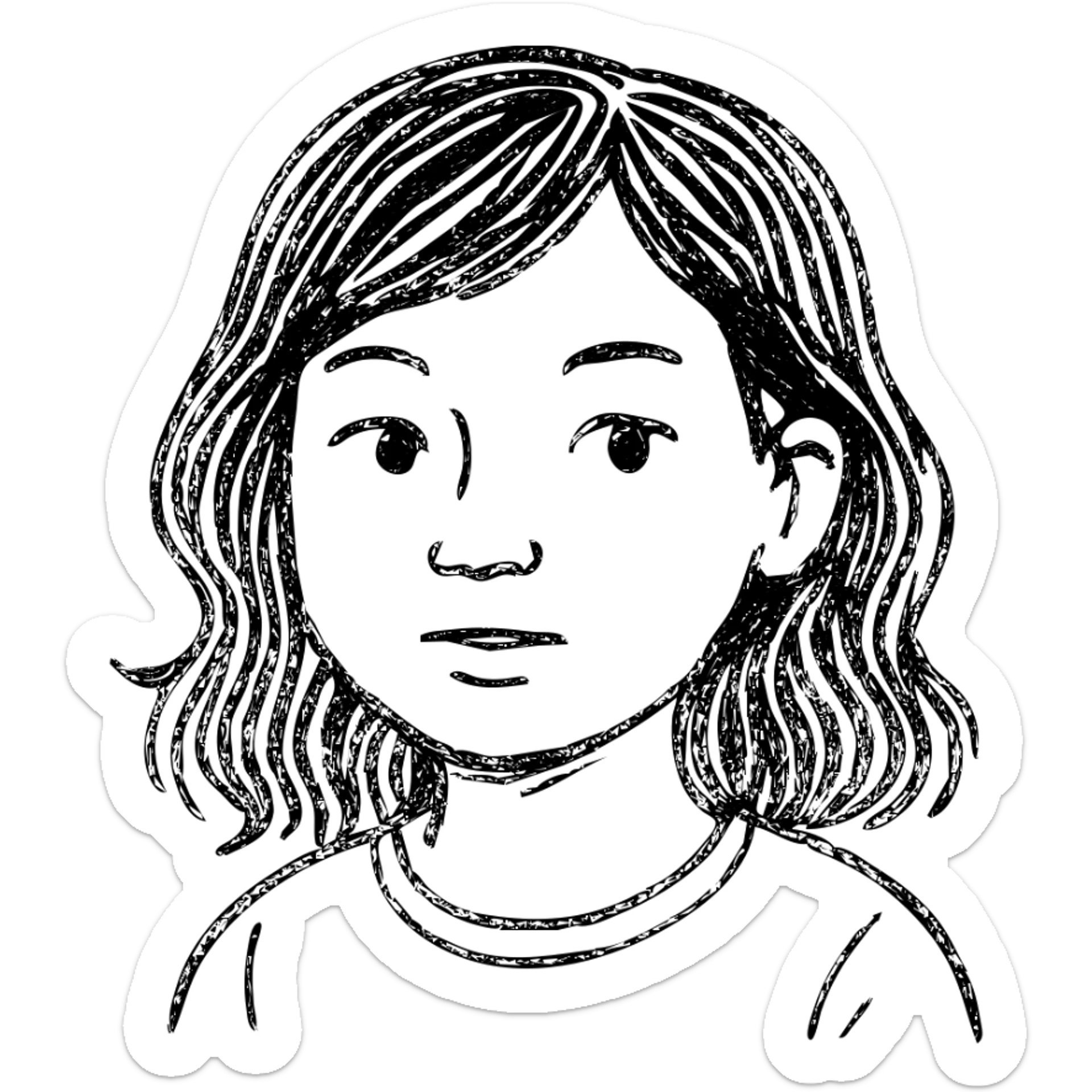 portrait of an Asian girl with medium brown wavy hair and brown eyes, hand-drawn outlined icon sticker