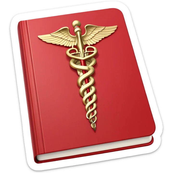 Medical textbook with red cover, caduceus symbol, open to a page showing anatomy sticker