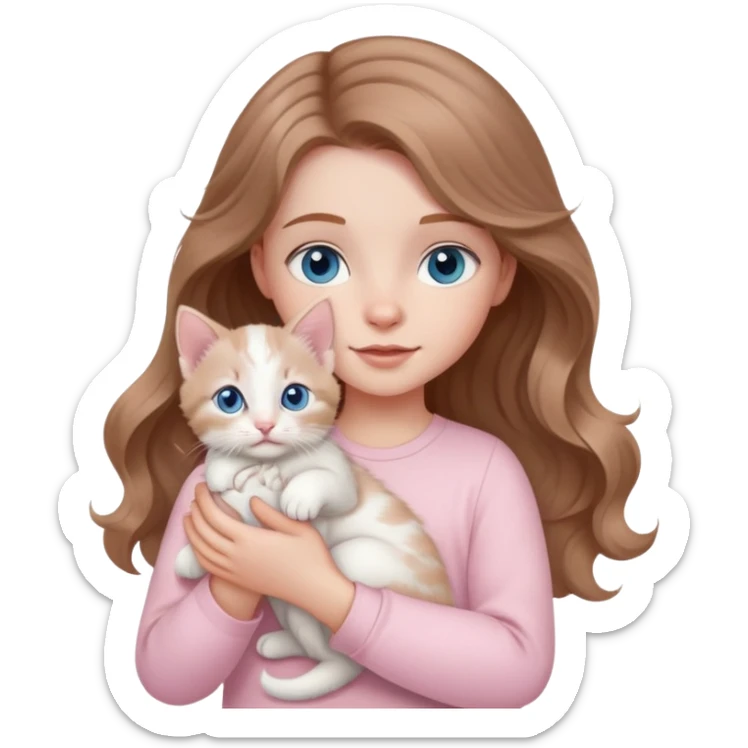 A little white girl with wavy light brown hair and blue eyes and pale pink clothes holds a white kitten sticker