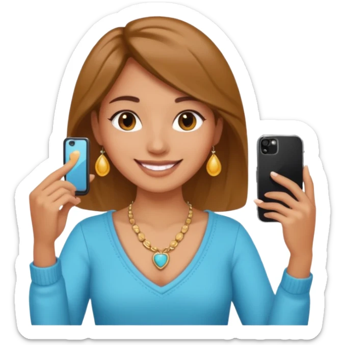 young woman with phone in her hand, happy, selfie style. @emoji sticker
