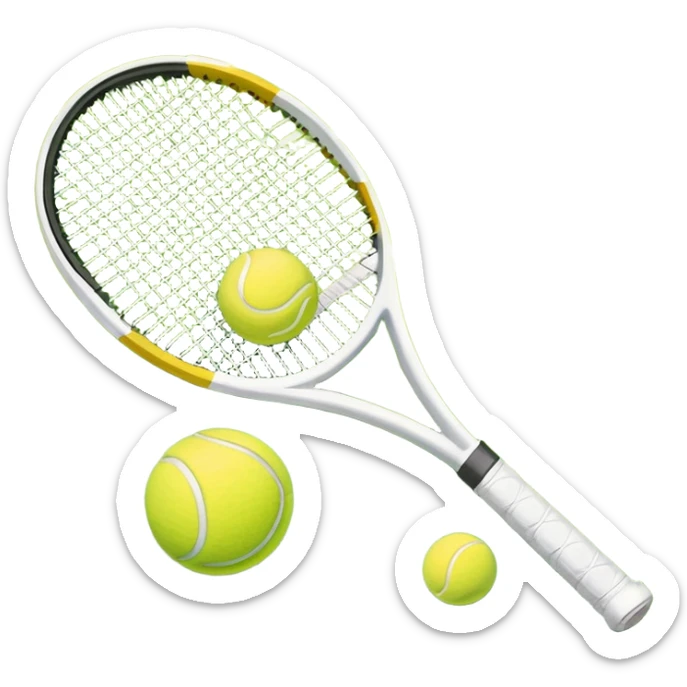 A tennis racket and ball placed on the grass court, with the lines of the court clearly visible in the background. The scene captures the essence of the sport, highlighting the equipment and the vibrant, open atmosphere of a tennis match sticker