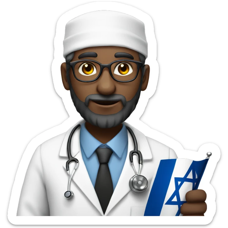 rabbin with Sidelocks holding israel flag in his hands while wearing a doctor white coat with a stethoscope  sticker
