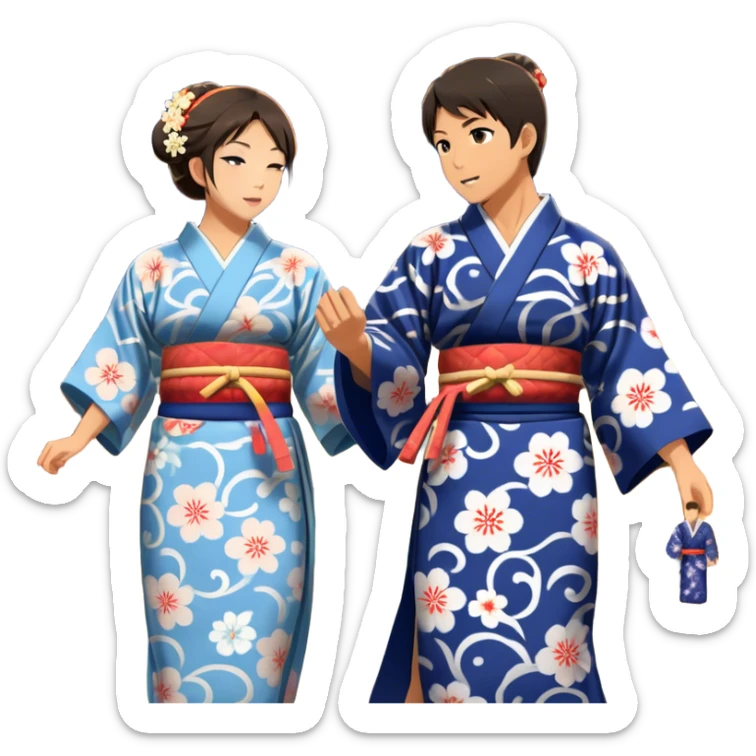 Cinematic Realistic scene of two performers engaging in Bon Odori, dressed in traditional yukata with intricate summer patterns, captured in graceful, rhythmic motion with warm, festive lighting sticker