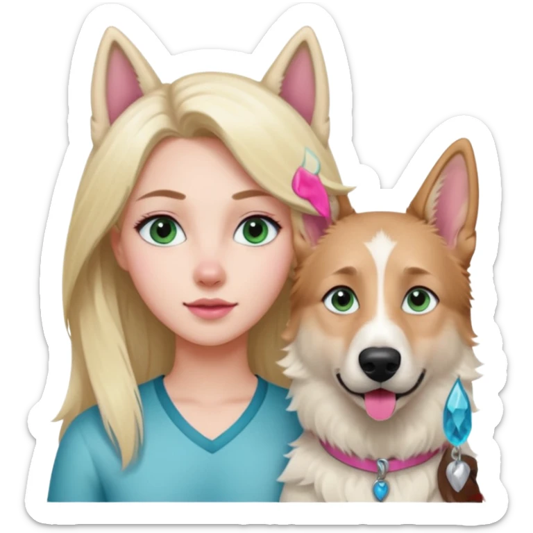 White European young woman with blue-green eyes and long blond hair with her white German Shepherd dog,the Dog hast a pink nose and short fur  ans Brown eyes sticker
